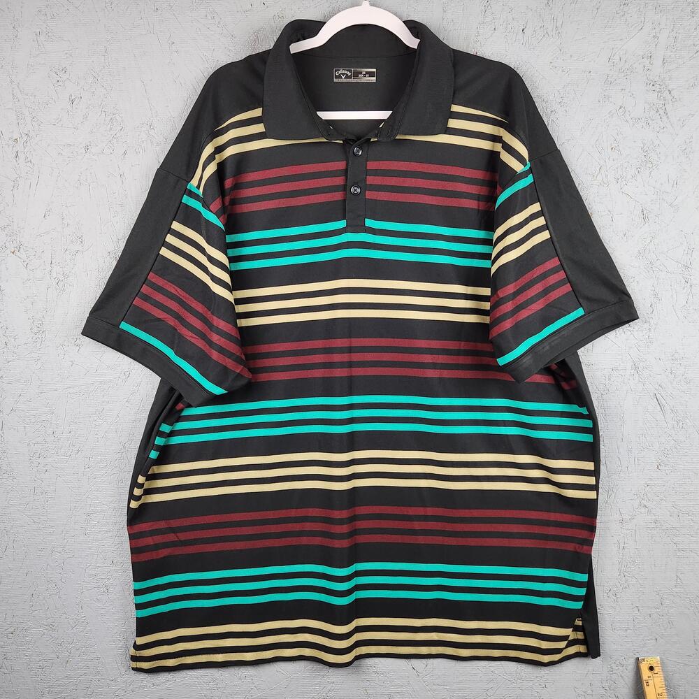 Callaway Polo Shirt Mens 2XL Black Multicolor Striped Golf 3 Button Outdoor Work